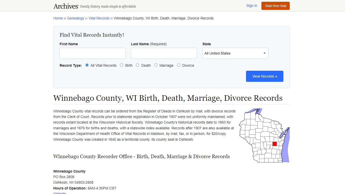 Winnebago County, WI Birth, Death, Marriage, Divorce Records